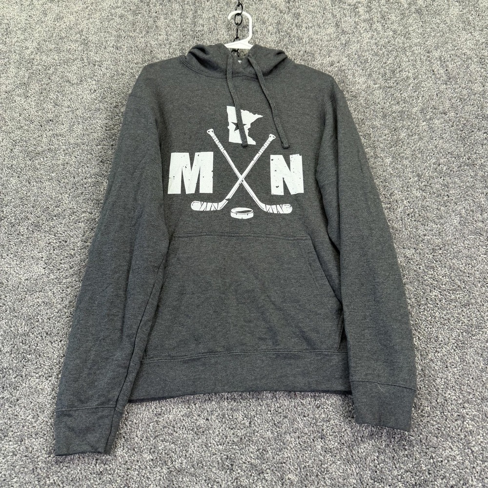 Port & Company Hoodie Mens Medium Gray Fleece Pullover MN Hockey Graphic